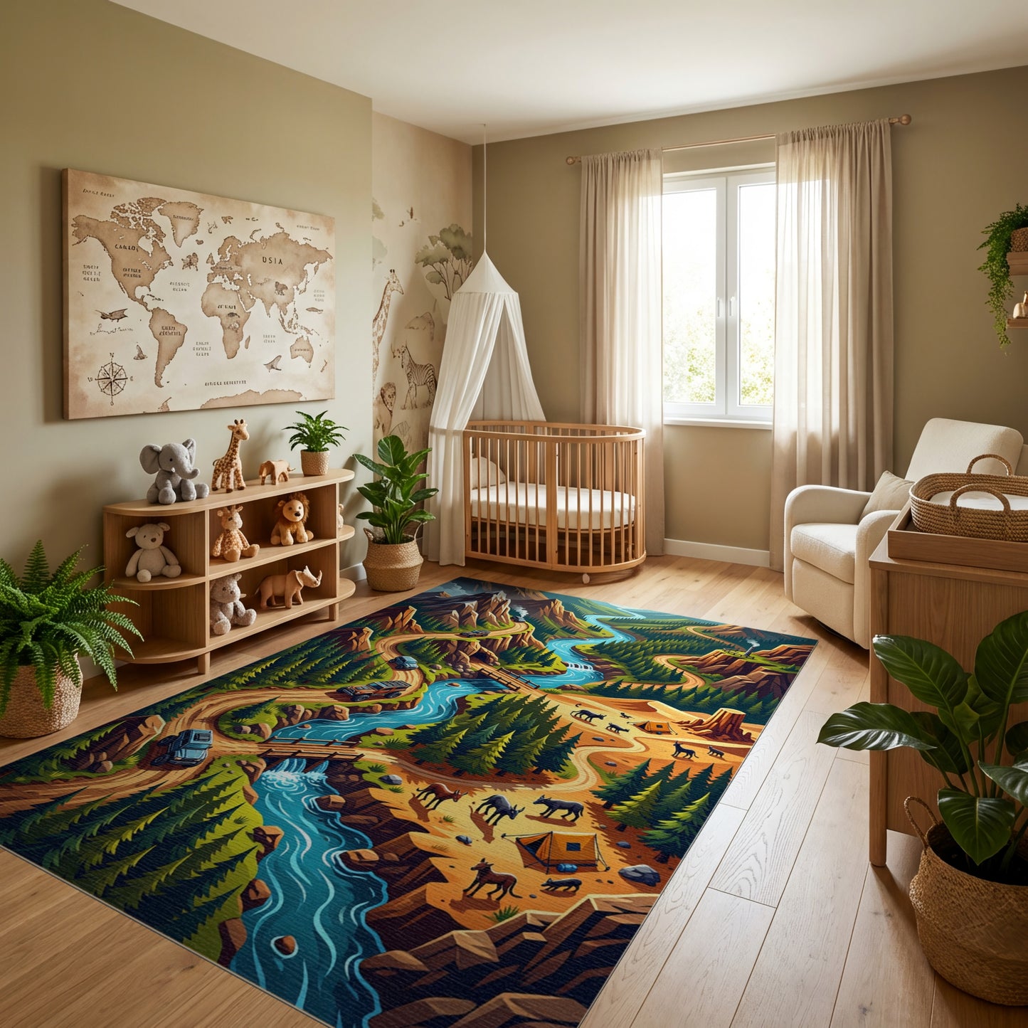 Vibrant Winding River Mountain Forest Rug