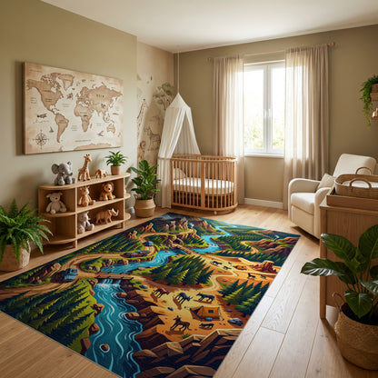 Vibrant Winding River Mountain Forest Rug