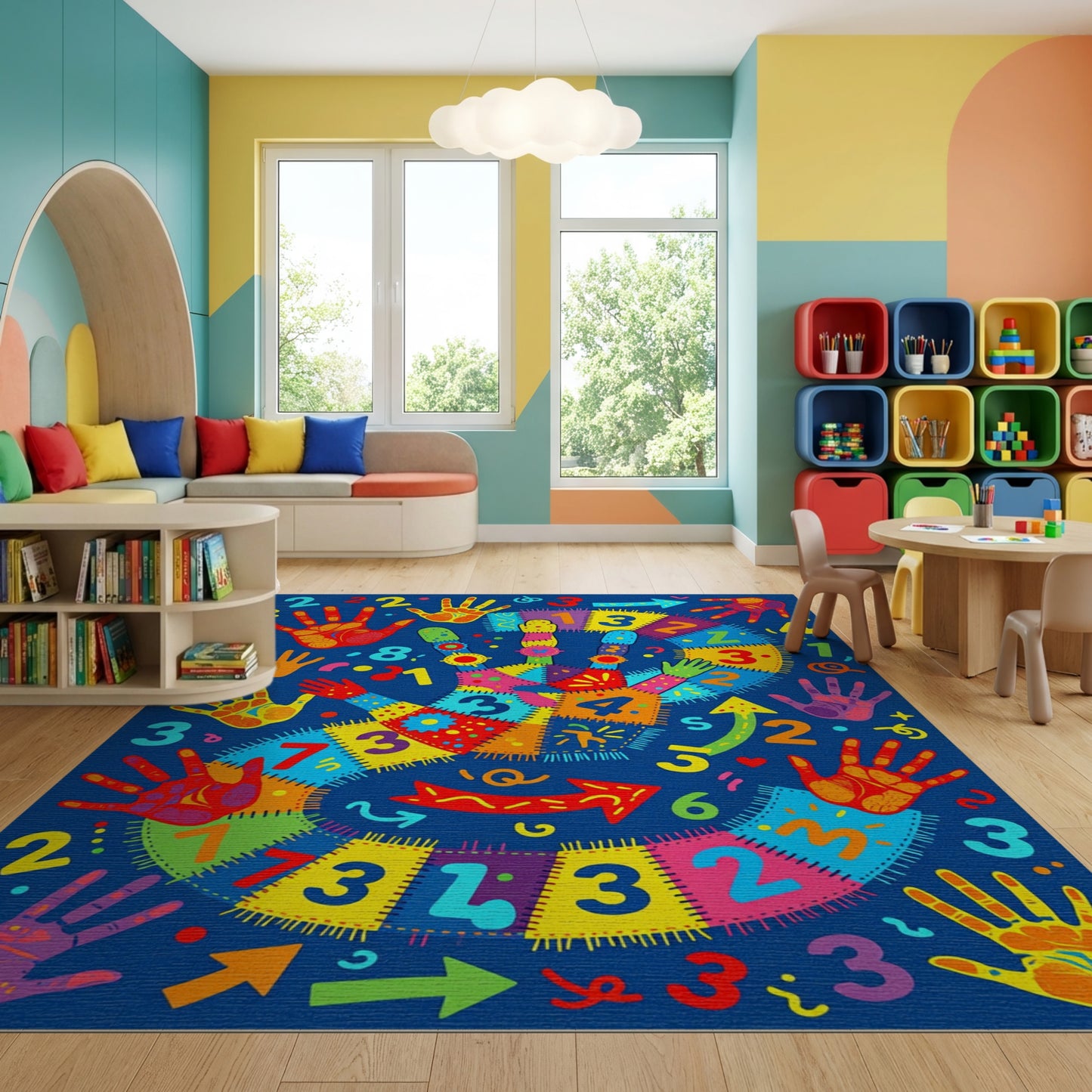 Colorful Handprint Number Game Rug