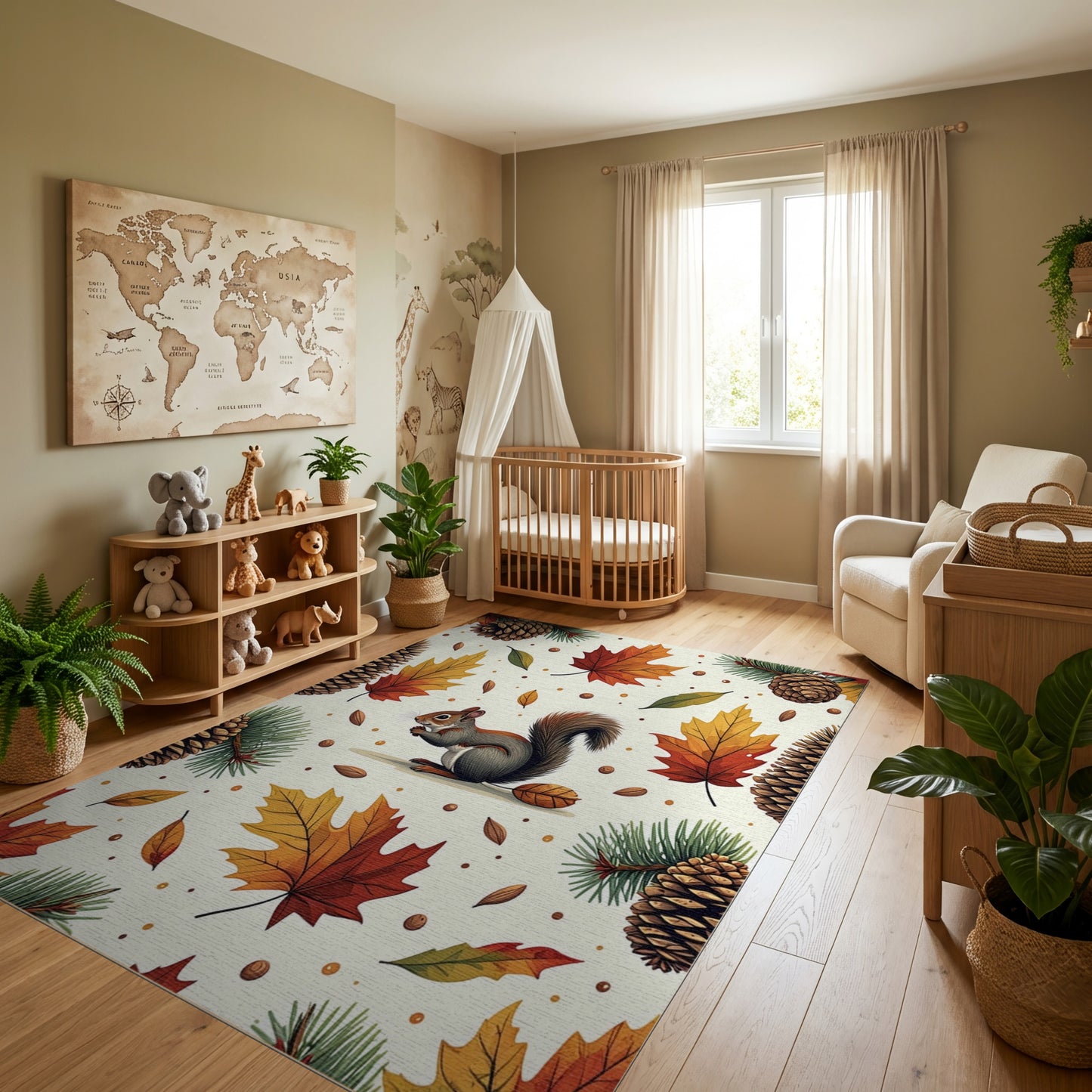 Whimsical Autumn Squirrel Pinecone Leaf Rug