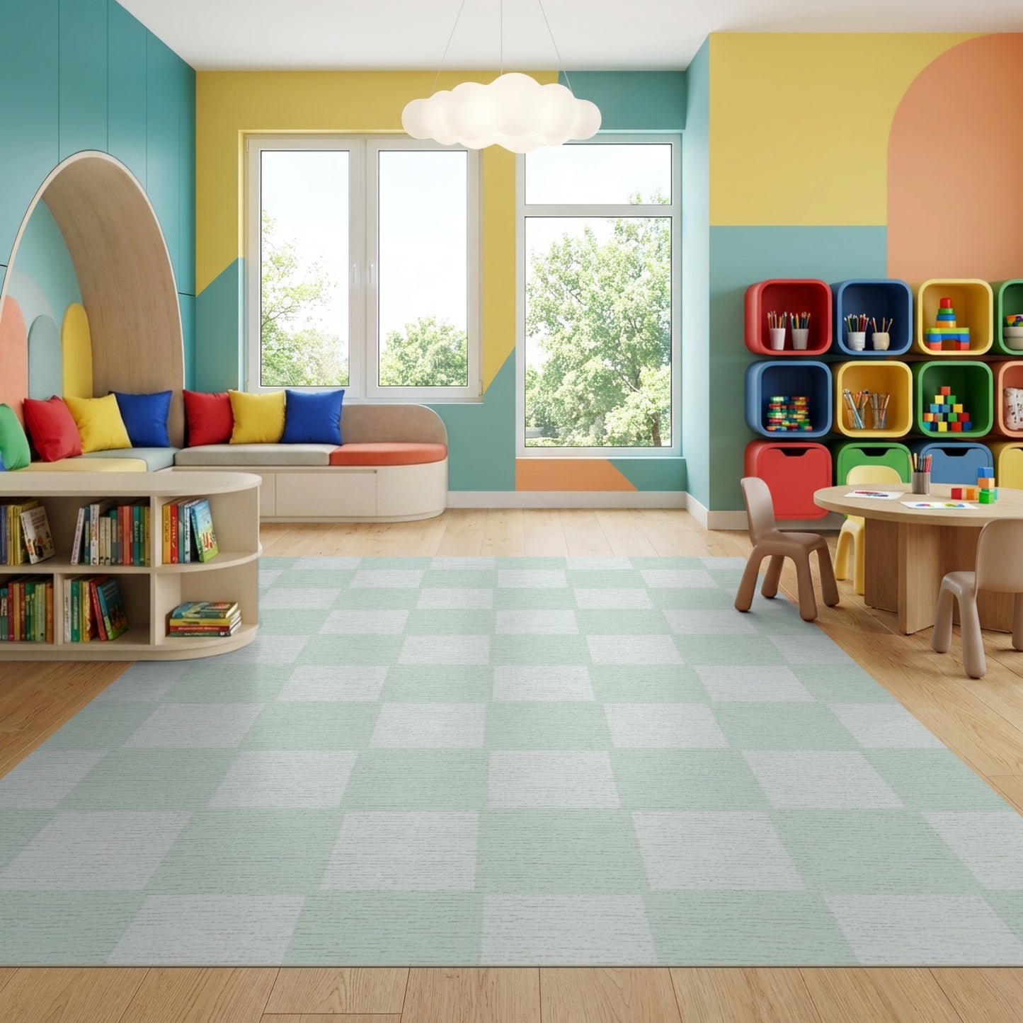 Pale Green Checkered Minimalist Rug