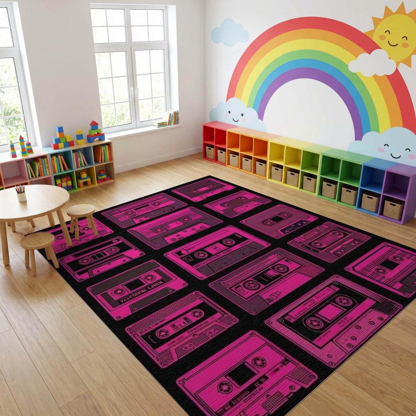 Retro Neon Pink Cassette Tapes Rug