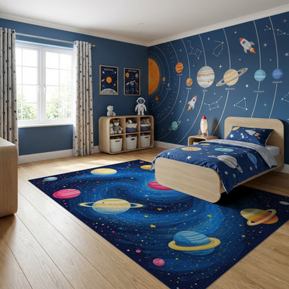 Vibrant Cosmic Swirl Planets Rug