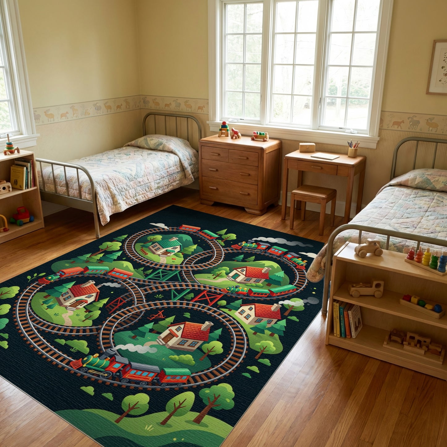 Whimsical Train Loop Village Forest Rug