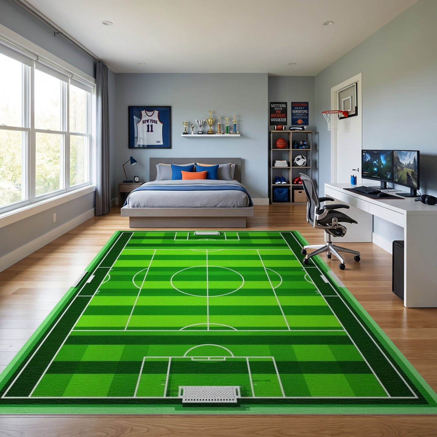 Bold Green Soccer Field Lines Rug