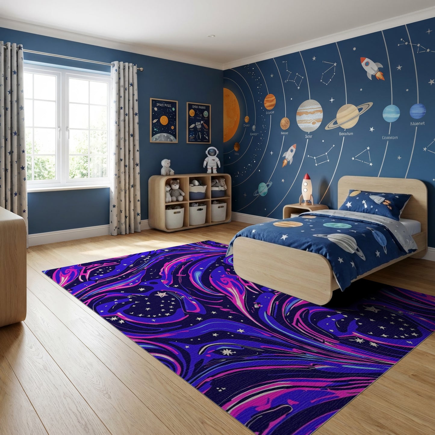 Navy Purple Cosmic Swirling Birds Stars Rug