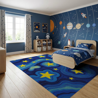 Swirling Yellow Stars Deep Blue Rug