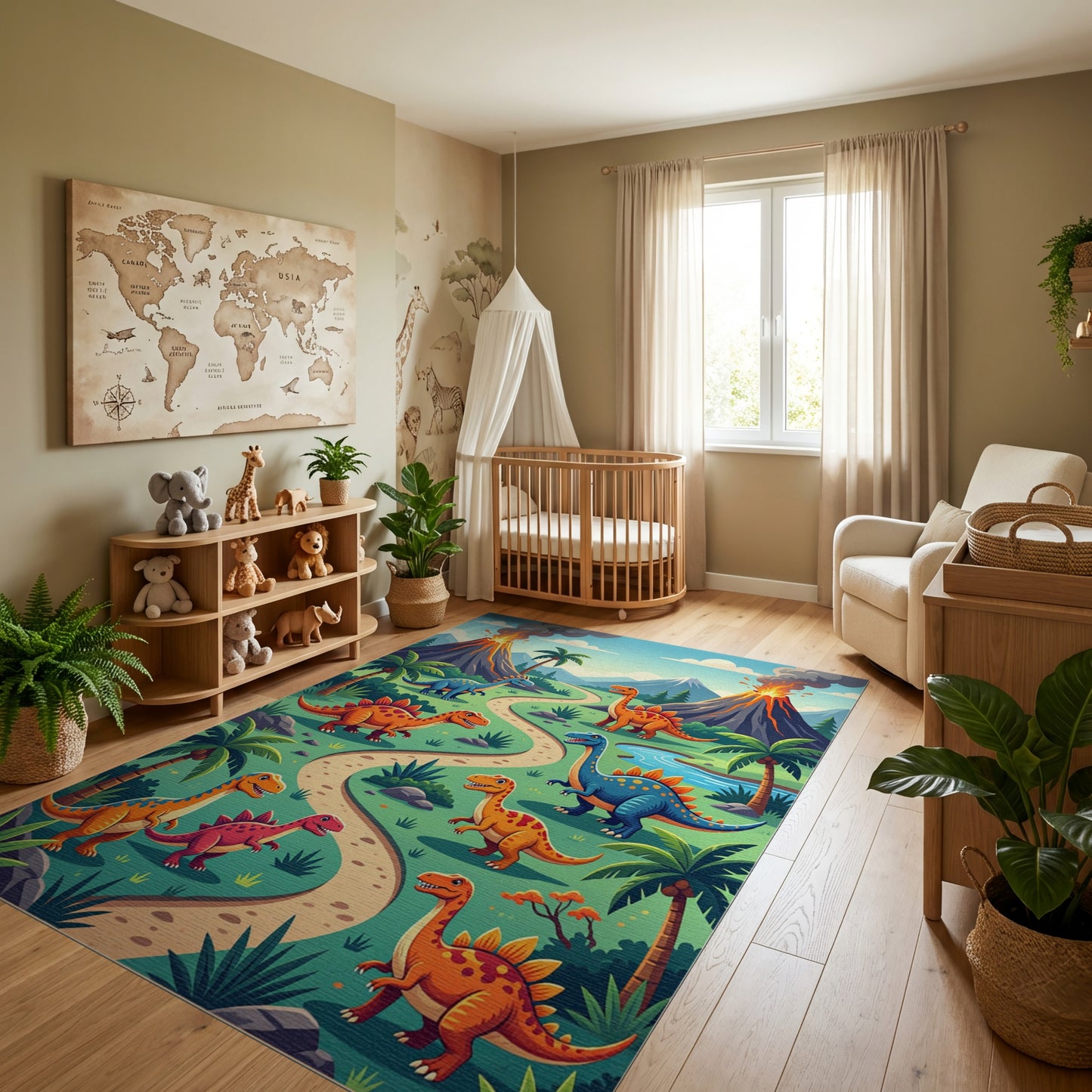 Bright Dino Trail Erupting Volcanoes Rug