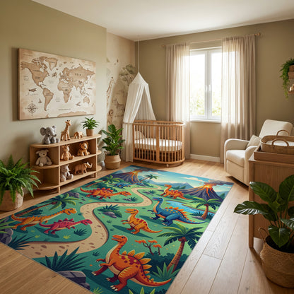 Bright Dino Trail Erupting Volcanoes Rug