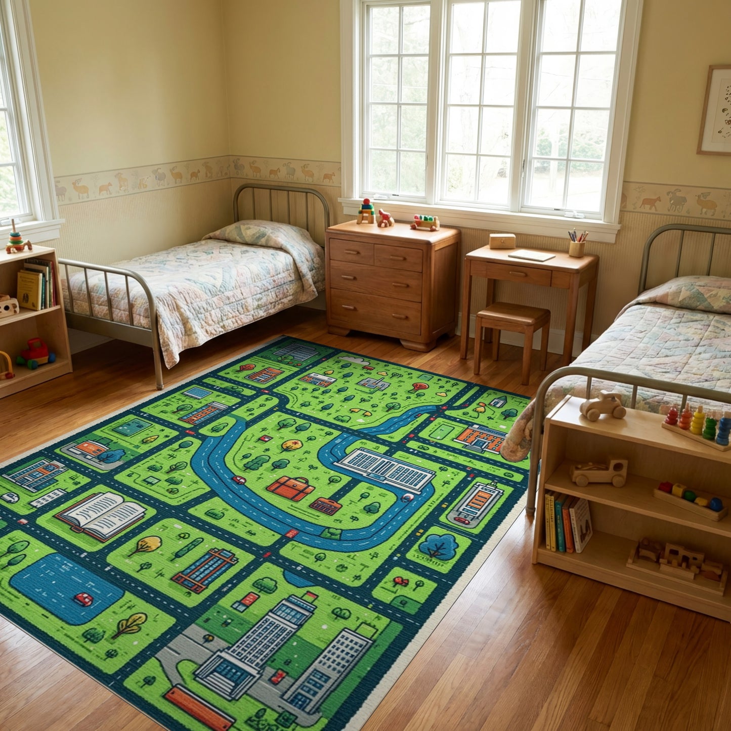 Playful Green City Map Rug