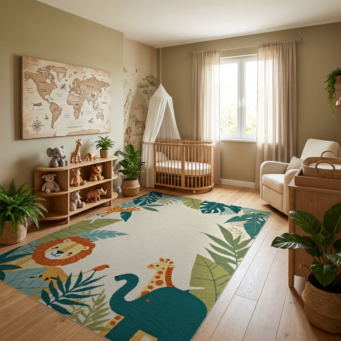 Whimsical Jungle Animals Lush Foliage Rug