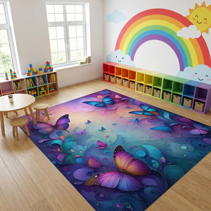 Whimsical Multicolor Butterfly Floral Swirl Rug