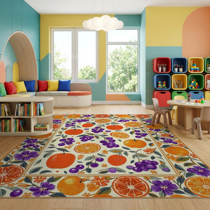 Whimsical Orange Grape Floral Border Rug