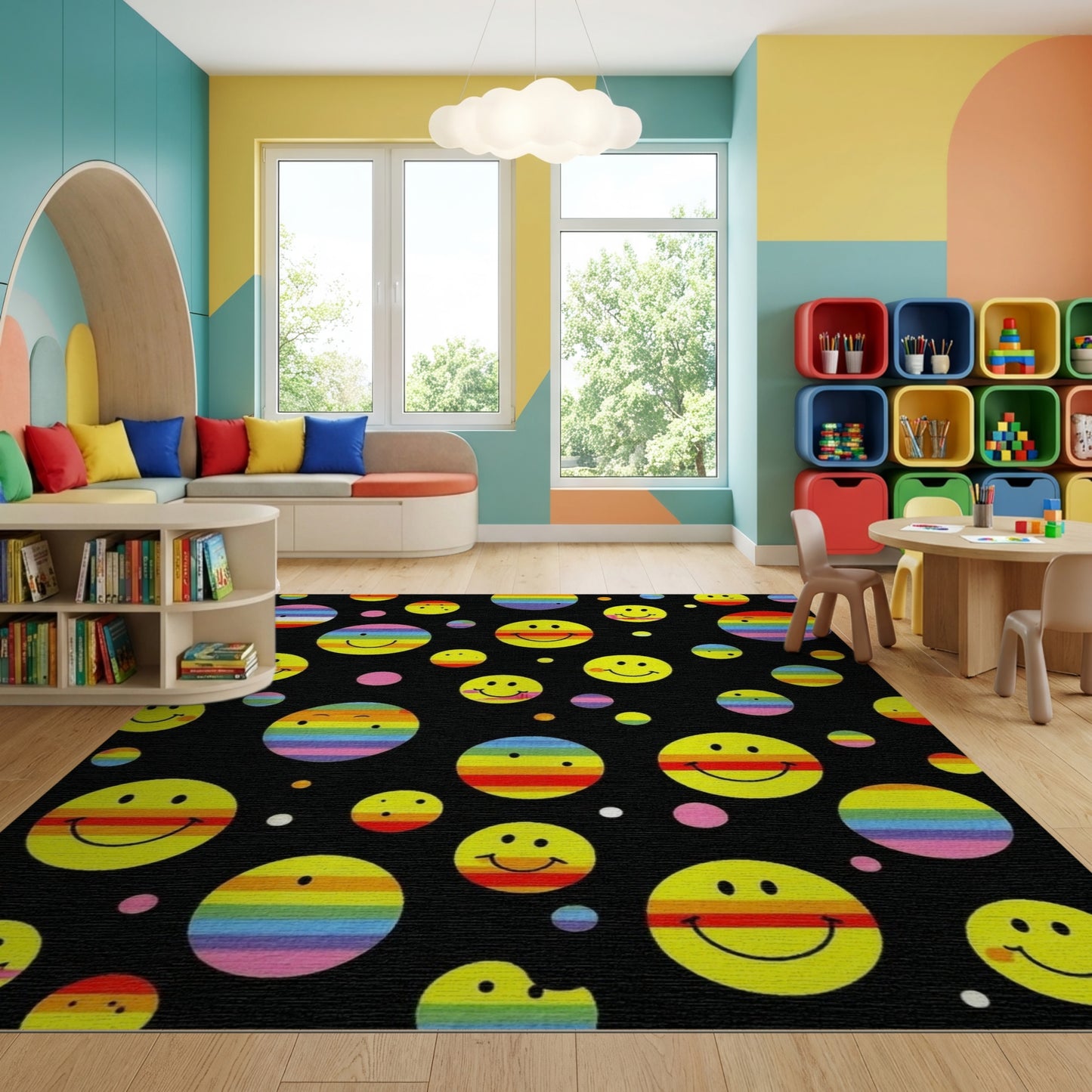 Whimsical Yellow Smiley Rainbow Circles Rug
