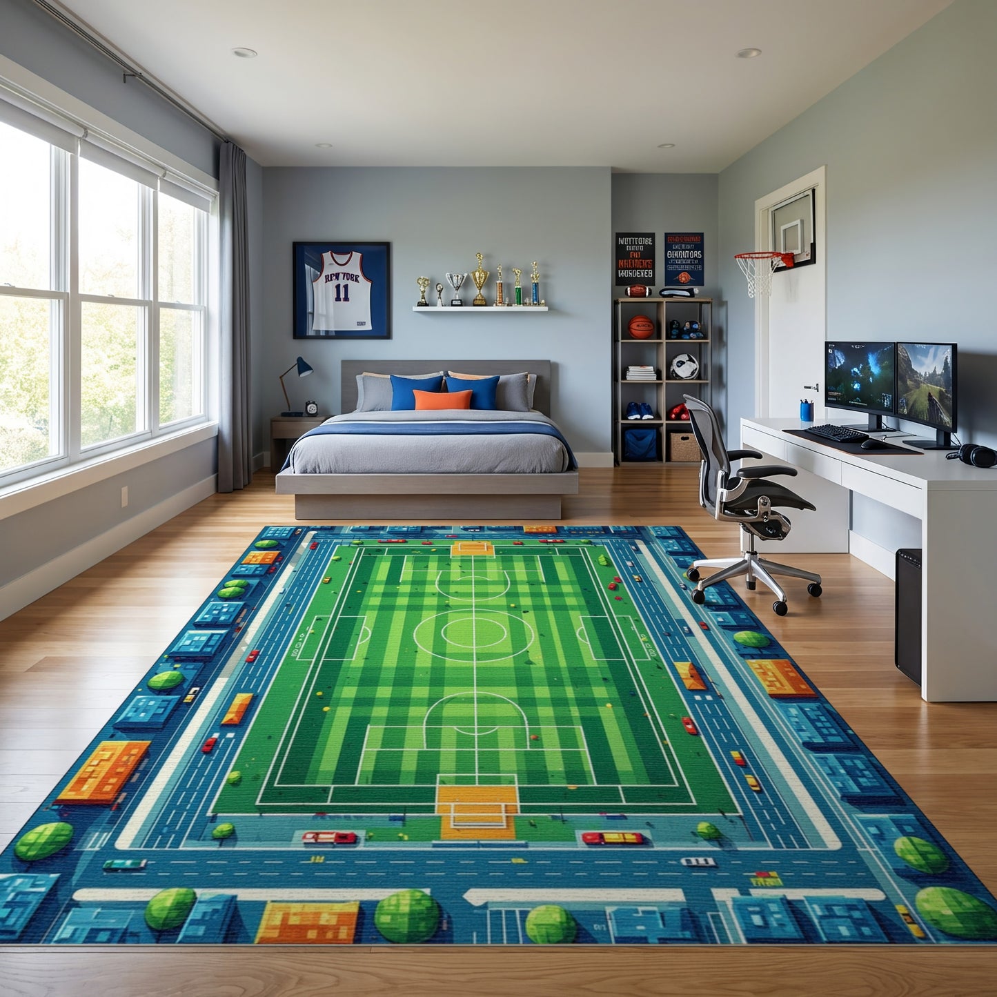 Vibrant Aerial Soccer Field City Rug