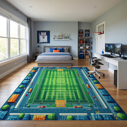 Vibrant Aerial Soccer Field City Rug