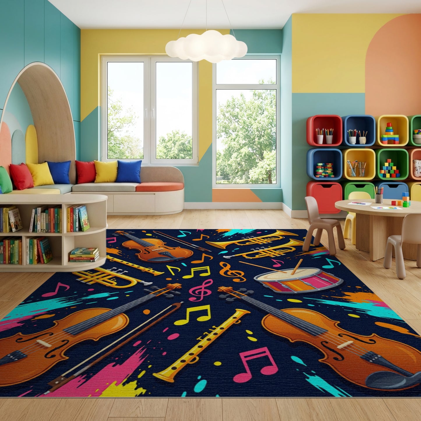 Vibrant Musical Instruments Splatter Notes Rug