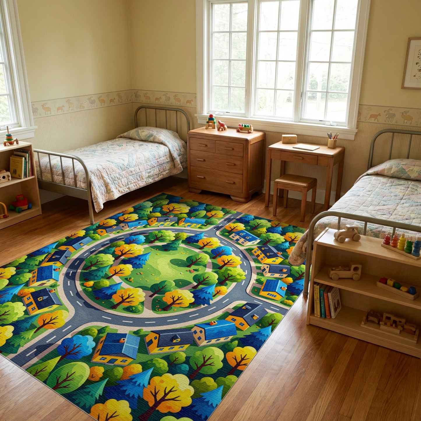 Vibrant Autumn Village Roundabout Trees Rug