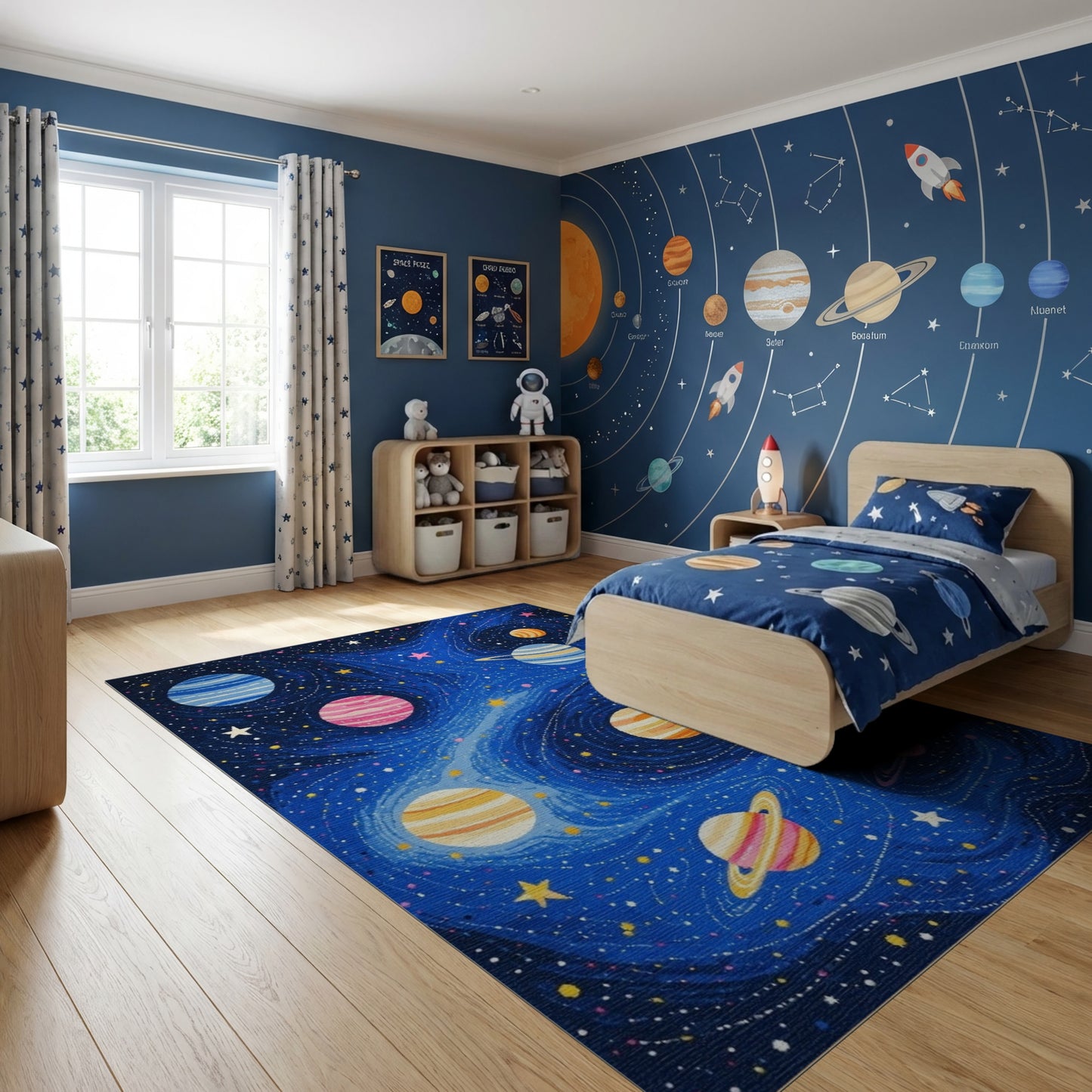 Vibrant Cosmic Planets Rings Stars Rug