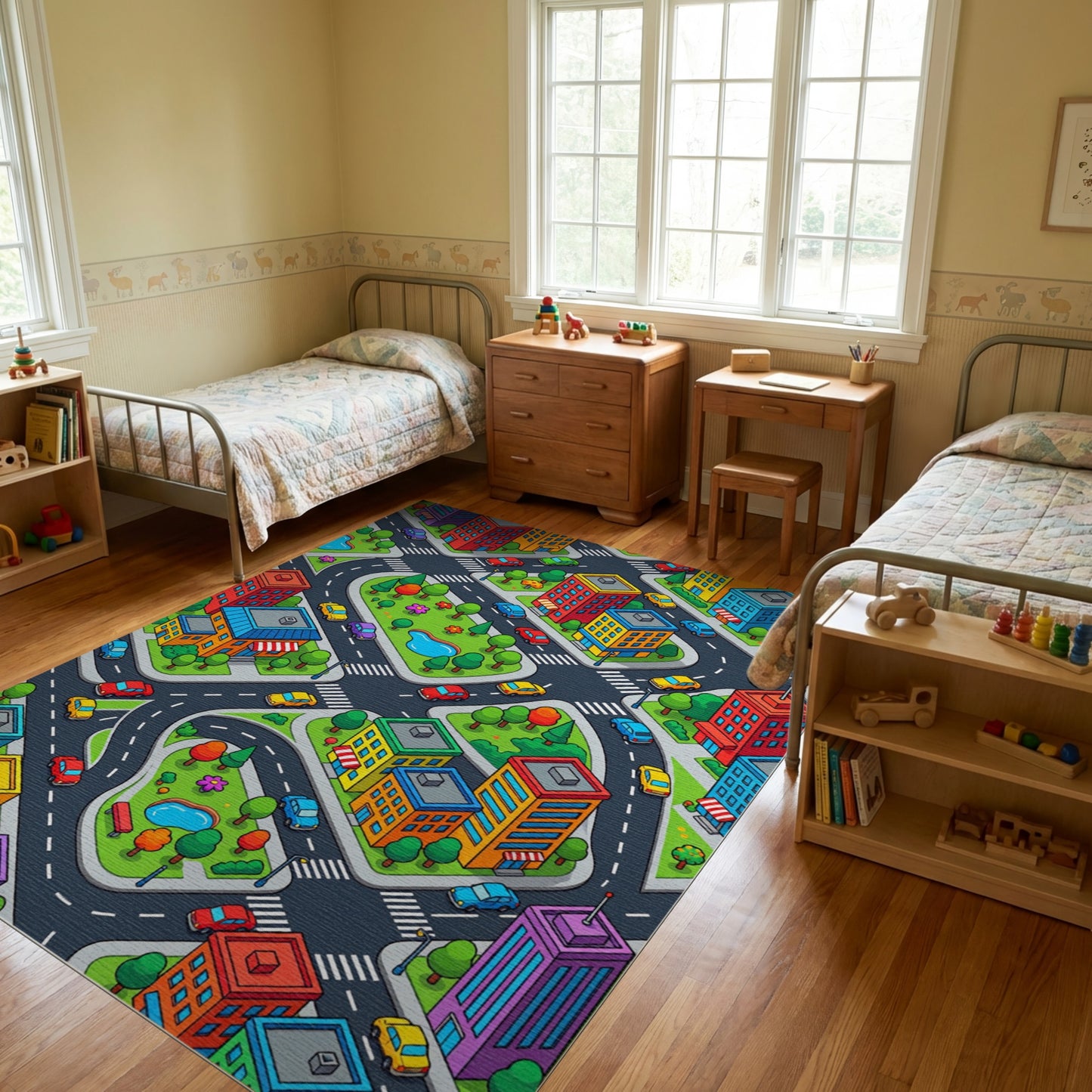 Vibrant Isometric Colorful Cityscape Rug