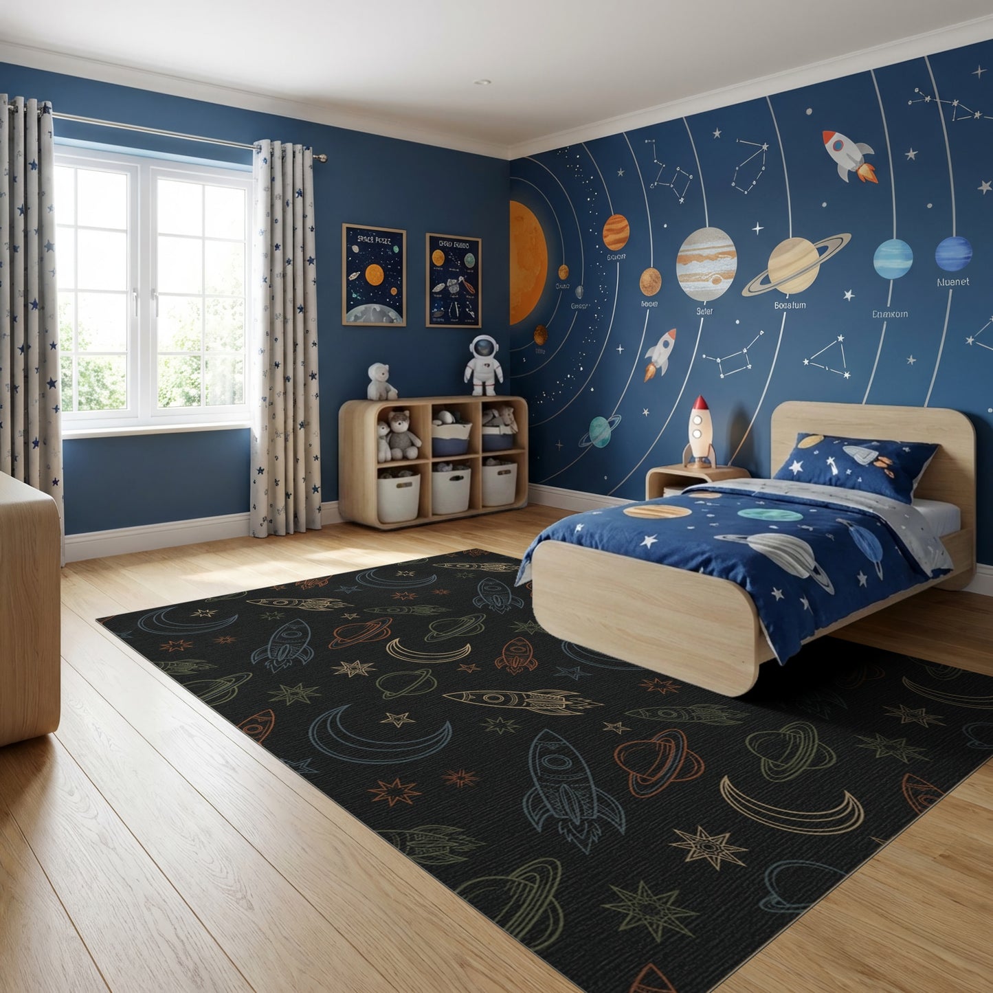 Cosmic Rockets Stars Moons Planets Rug