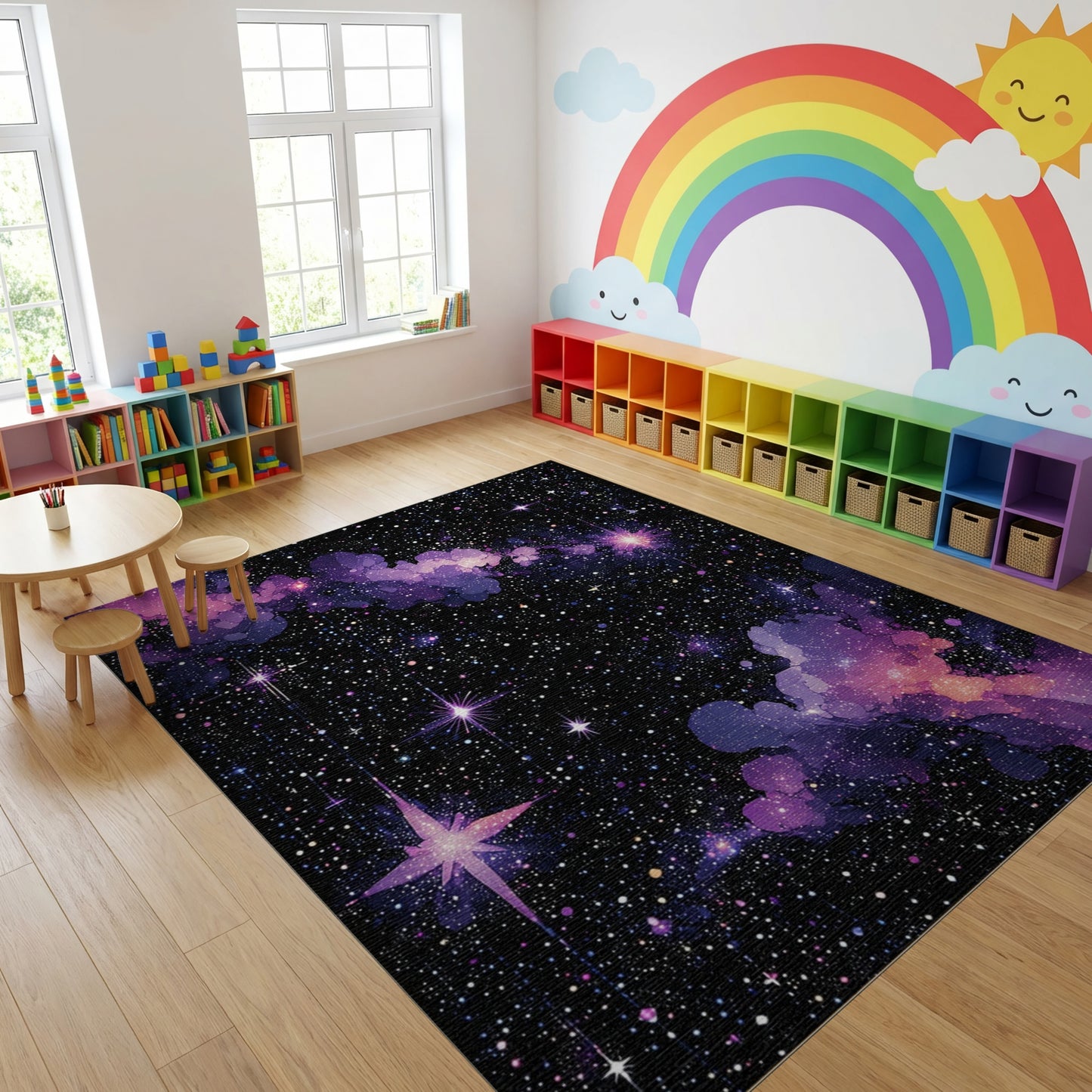 Vibrant Purple Nebula Sparkling Stars Rug