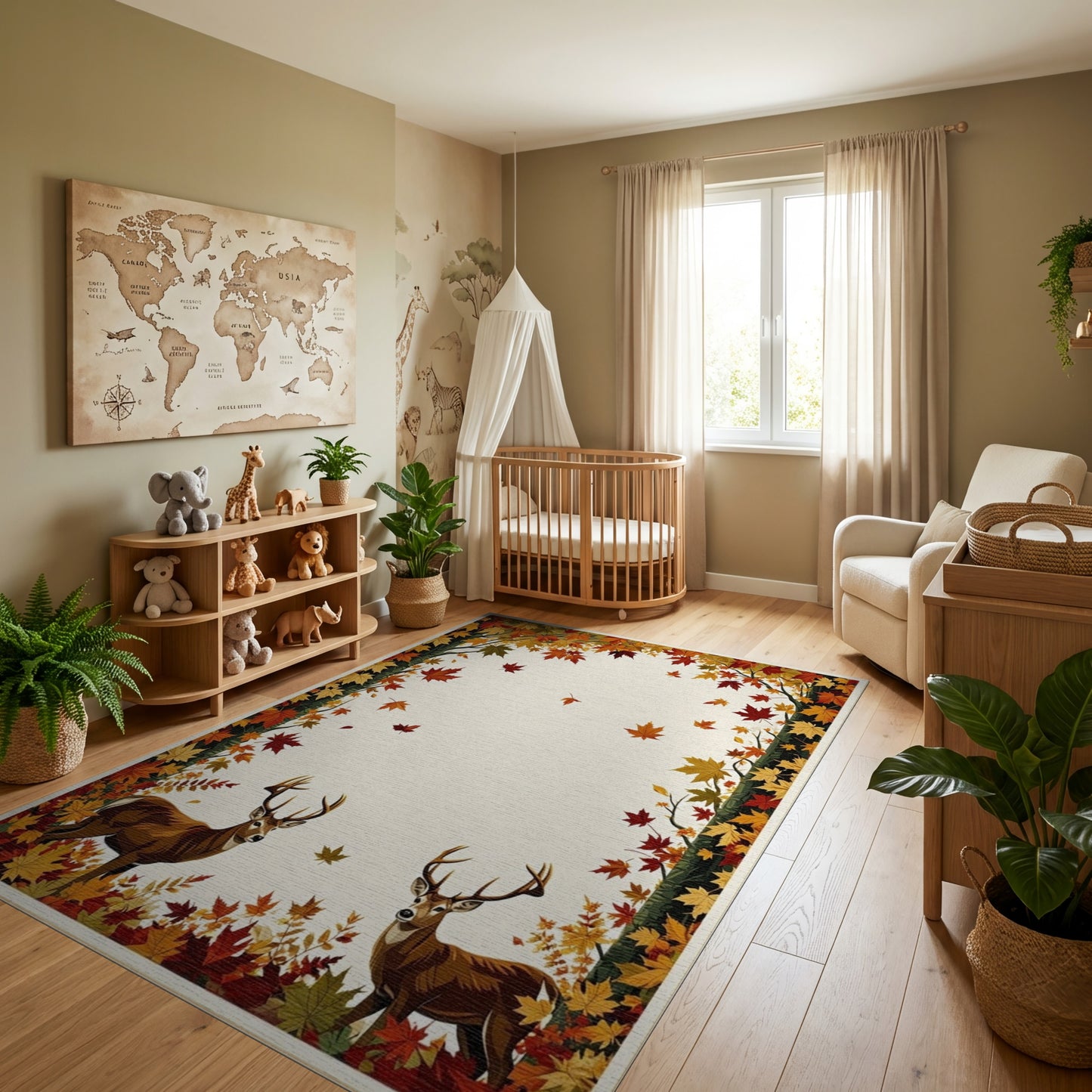 Autumn Deer Falling Leaves Border Rug