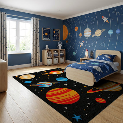Whimsical Striped Planets Stars Cosmic Rug