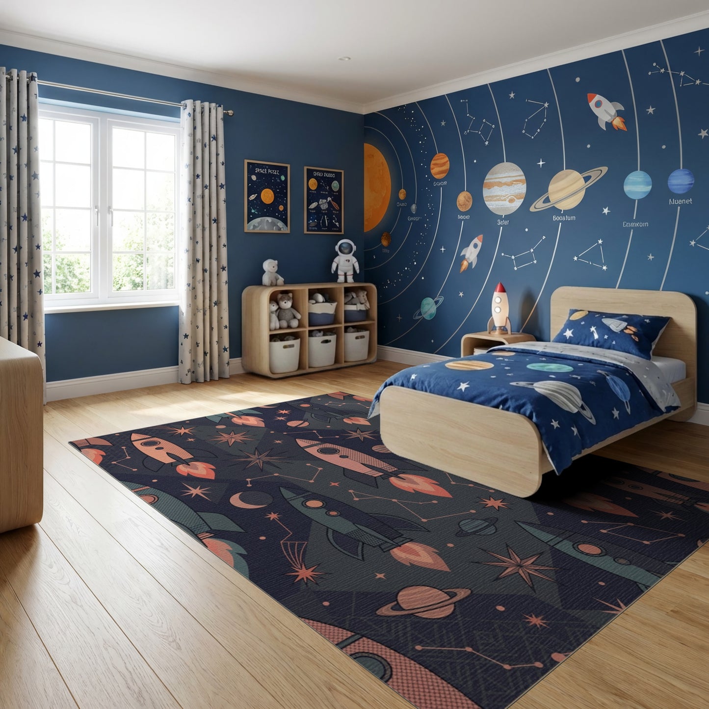 Cosmic Rocket Star Planet Navy Rug
