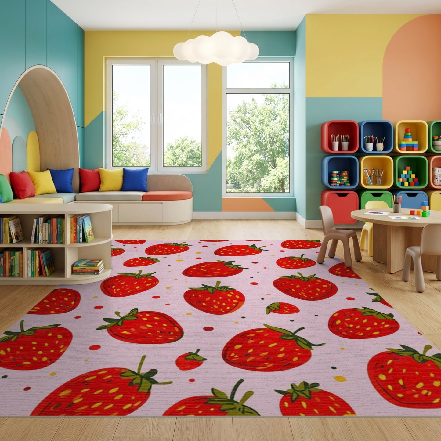 Whimsical Pink Strawberry Yellow Dots Rug