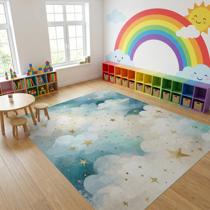Dreamy Teal Clouds Golden Stars Rug