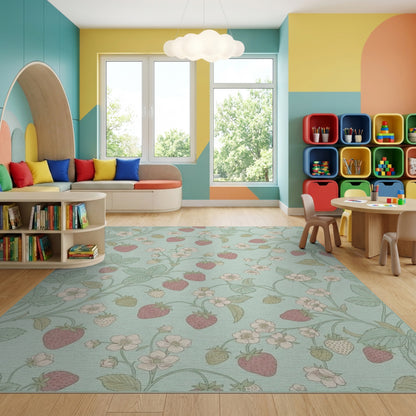 Whimsical Pastel Strawberry Floral Vine Rug