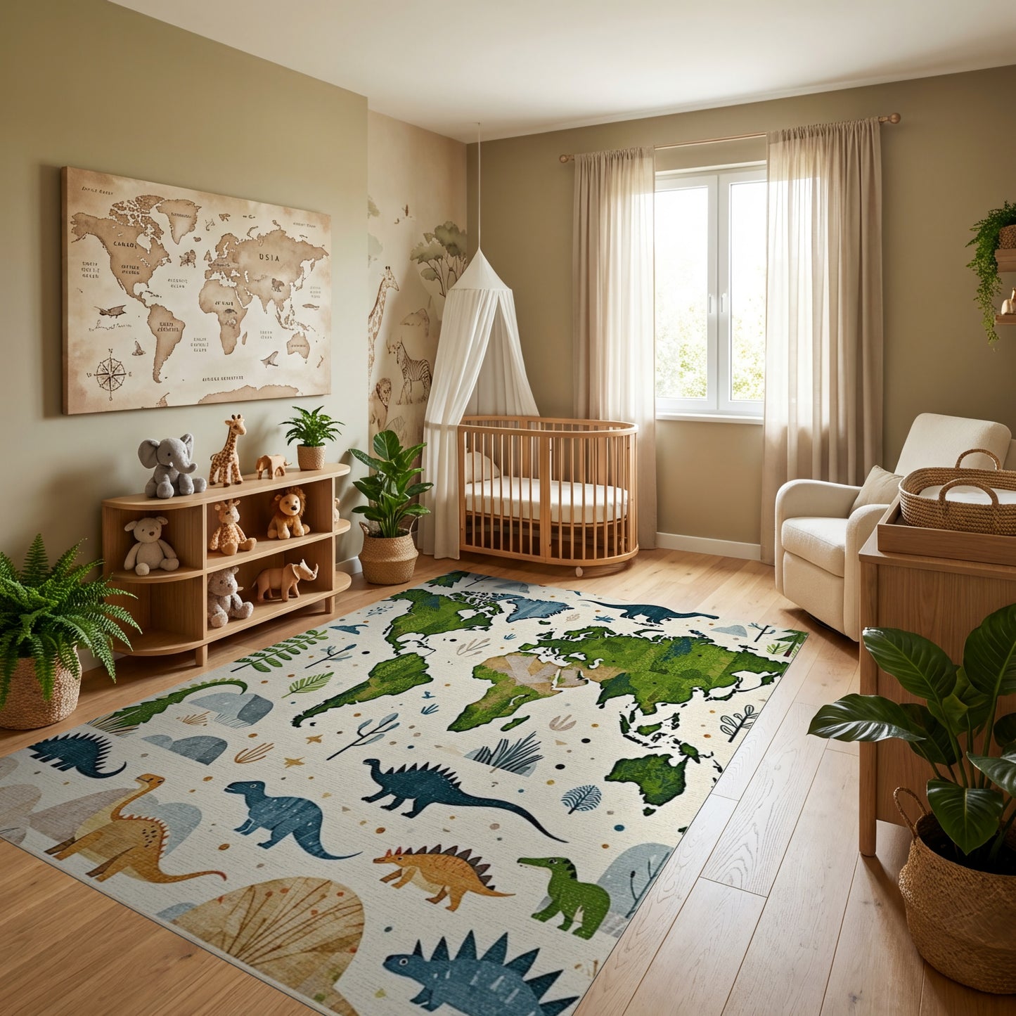 Whimsical Dinosaur World Map Rug