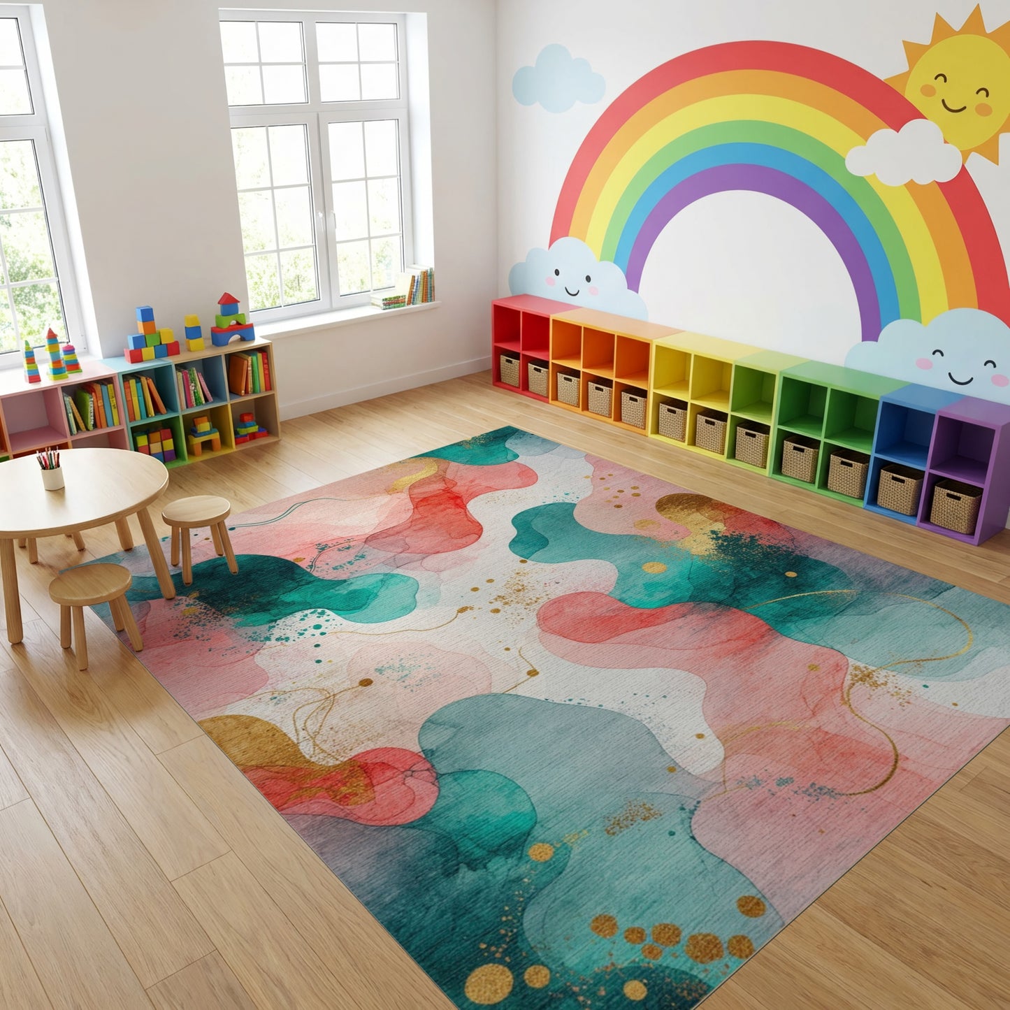 Abstract Fluid Teal Pink Gold Rug