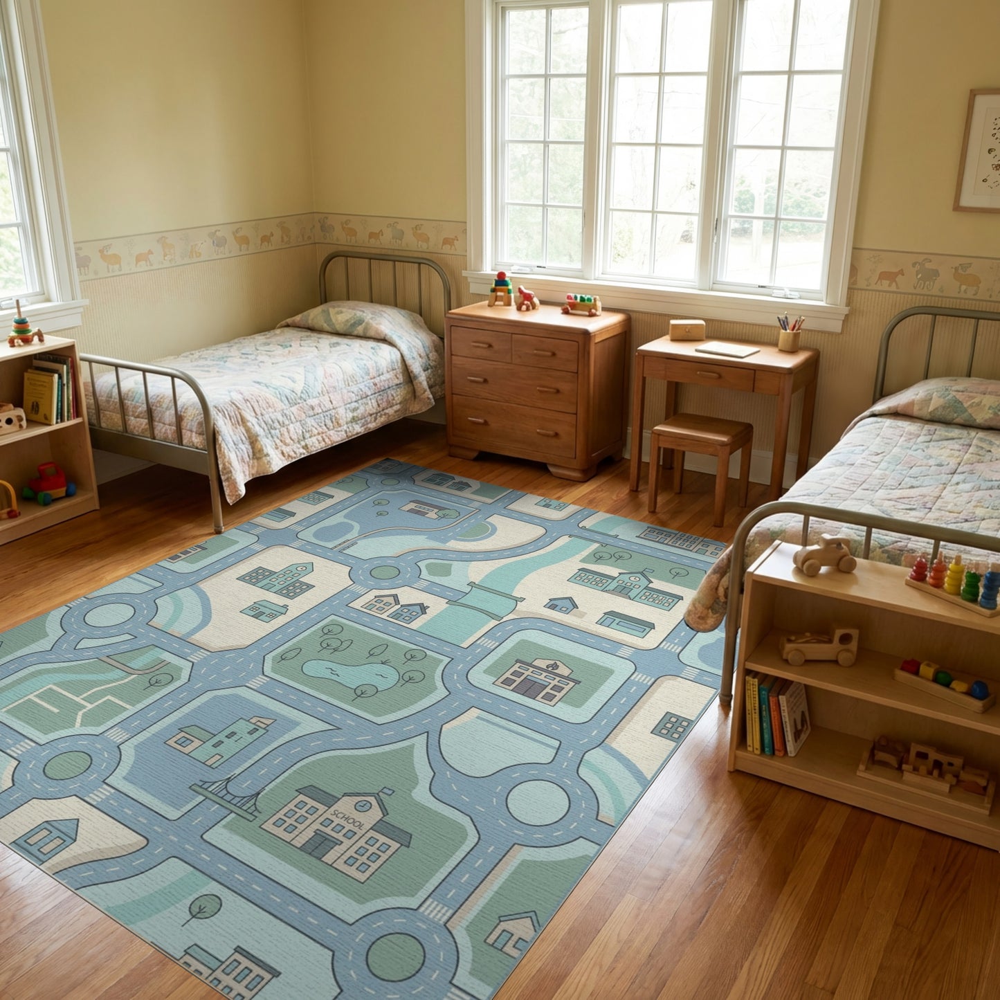 Whimsical Teal City Grid Rug