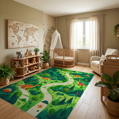 Whimsical Forest Dinosaur Winding Path Rug