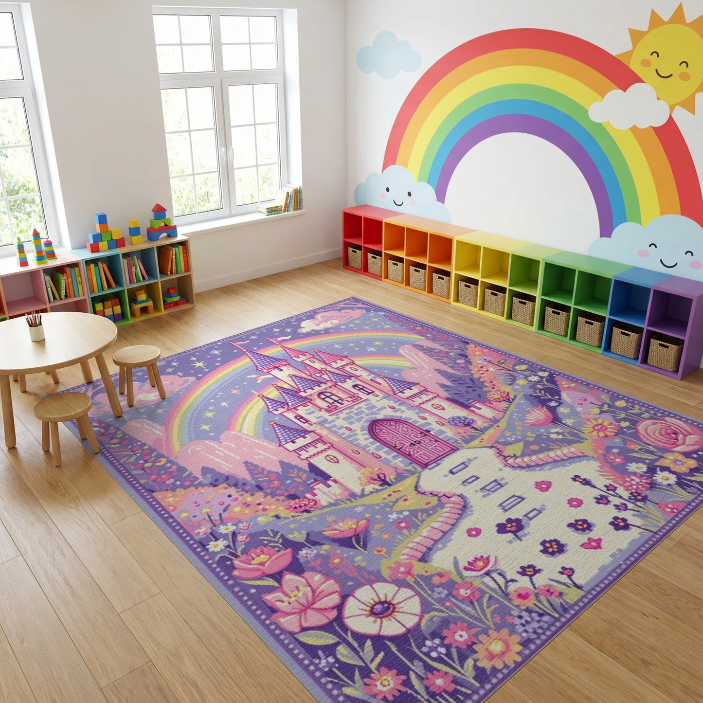 Whimsical Purple Castle Rainbow Rug