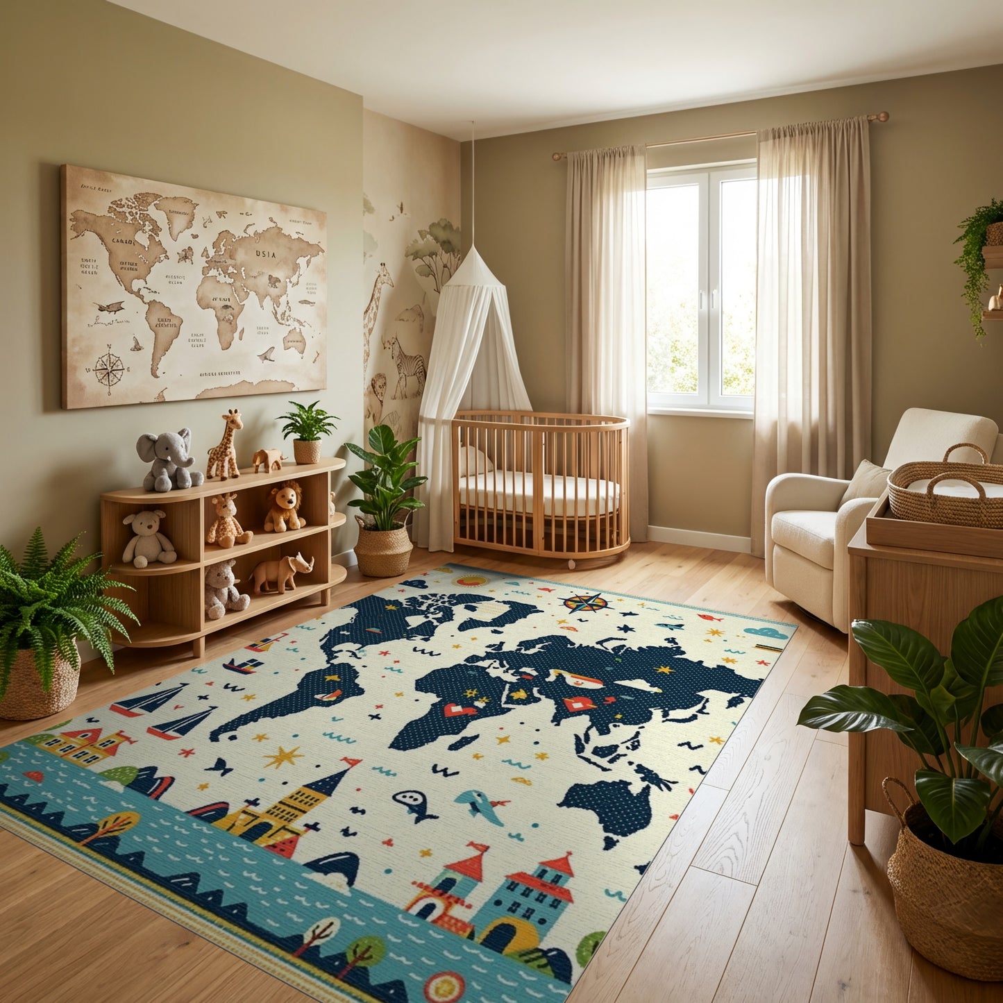 Whimsical Nautical World Map Adventure Rug