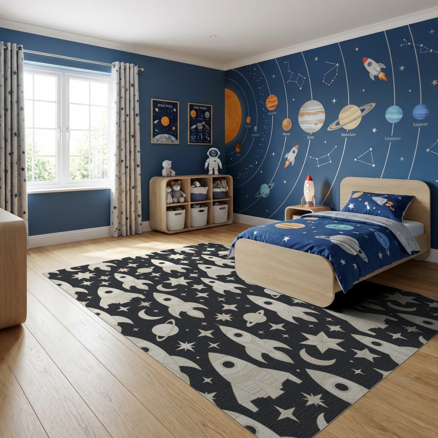 Retro Rocket Star Moon Planet Rug