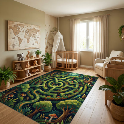 Enchanted Green Forest Maze Deer Rug