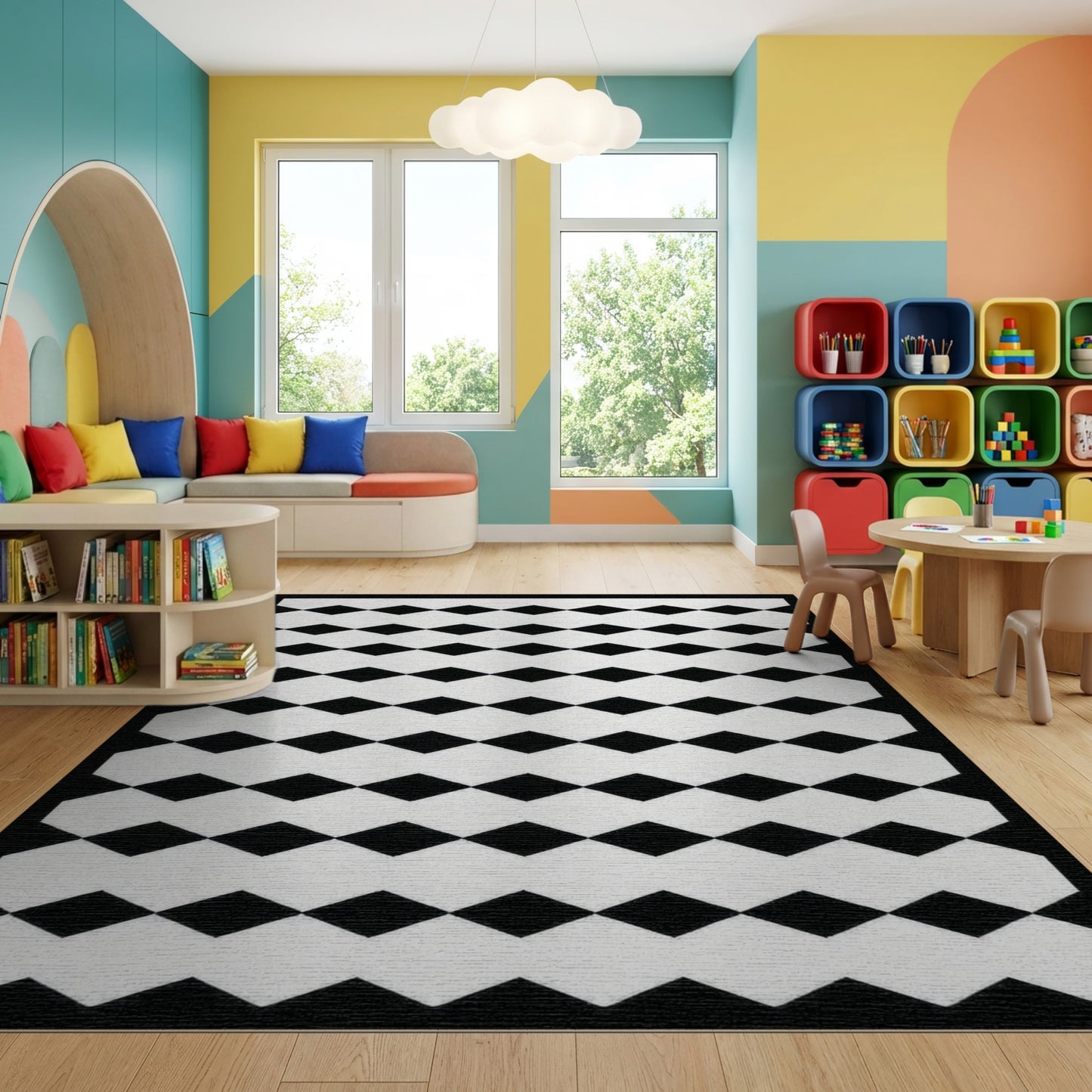 Black and White Diamond Geometric Rug