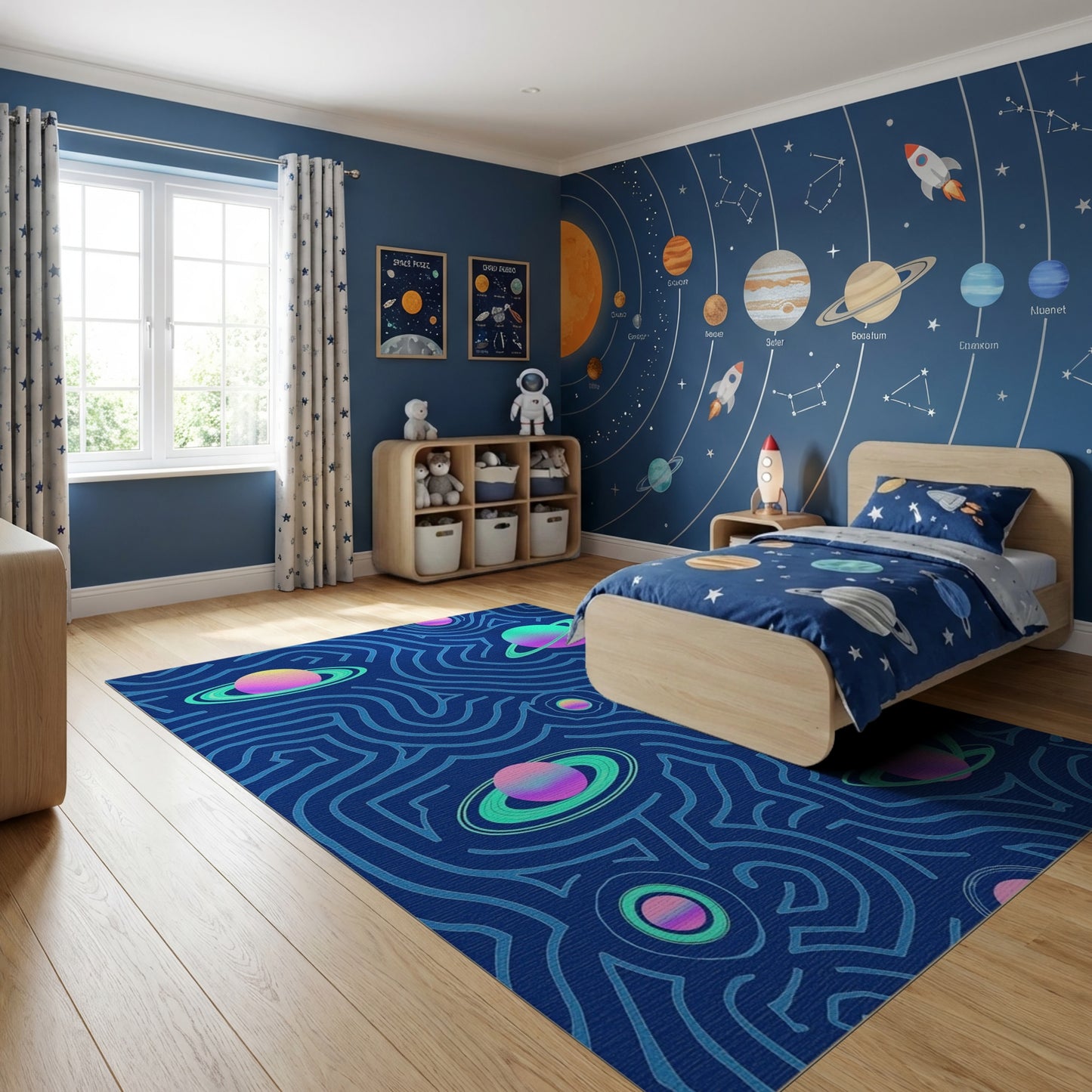 Navy Wavy Cosmic Ringed Planets Rug