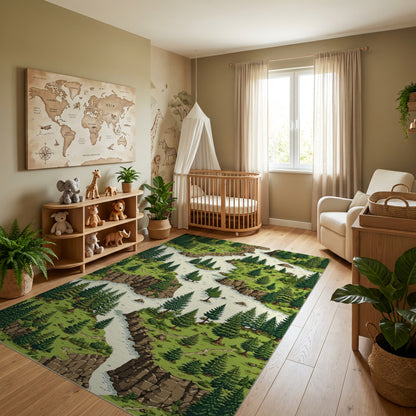 Lush Pine Forest River Canyon Rug