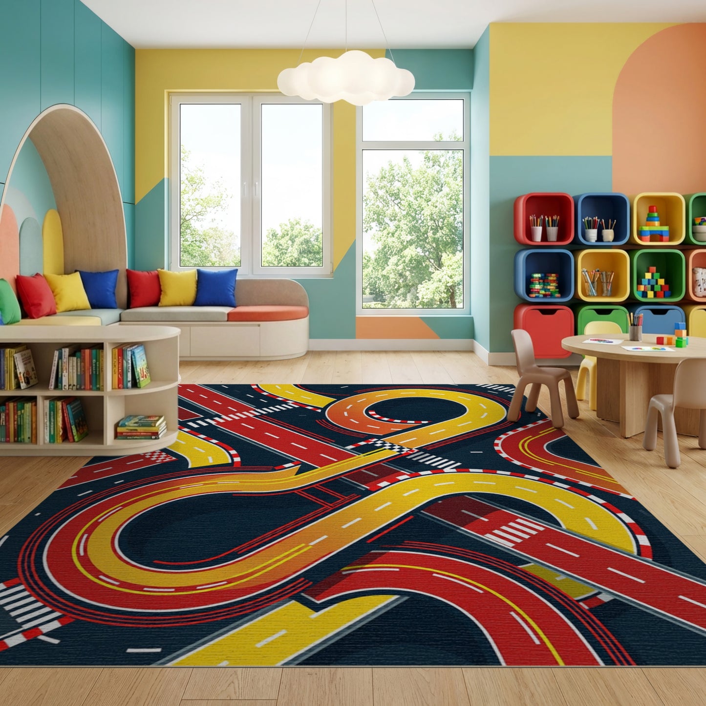 Dynamic Red Yellow Racing Tracks Rug