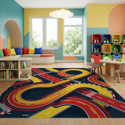 Dynamic Red Yellow Racing Tracks Rug