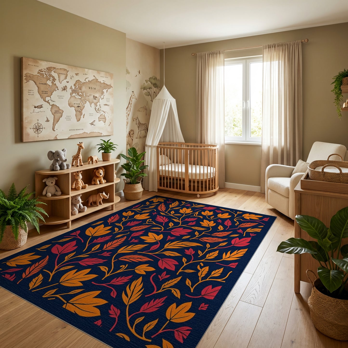 Vibrant Orange Red Leaves Navy Rug