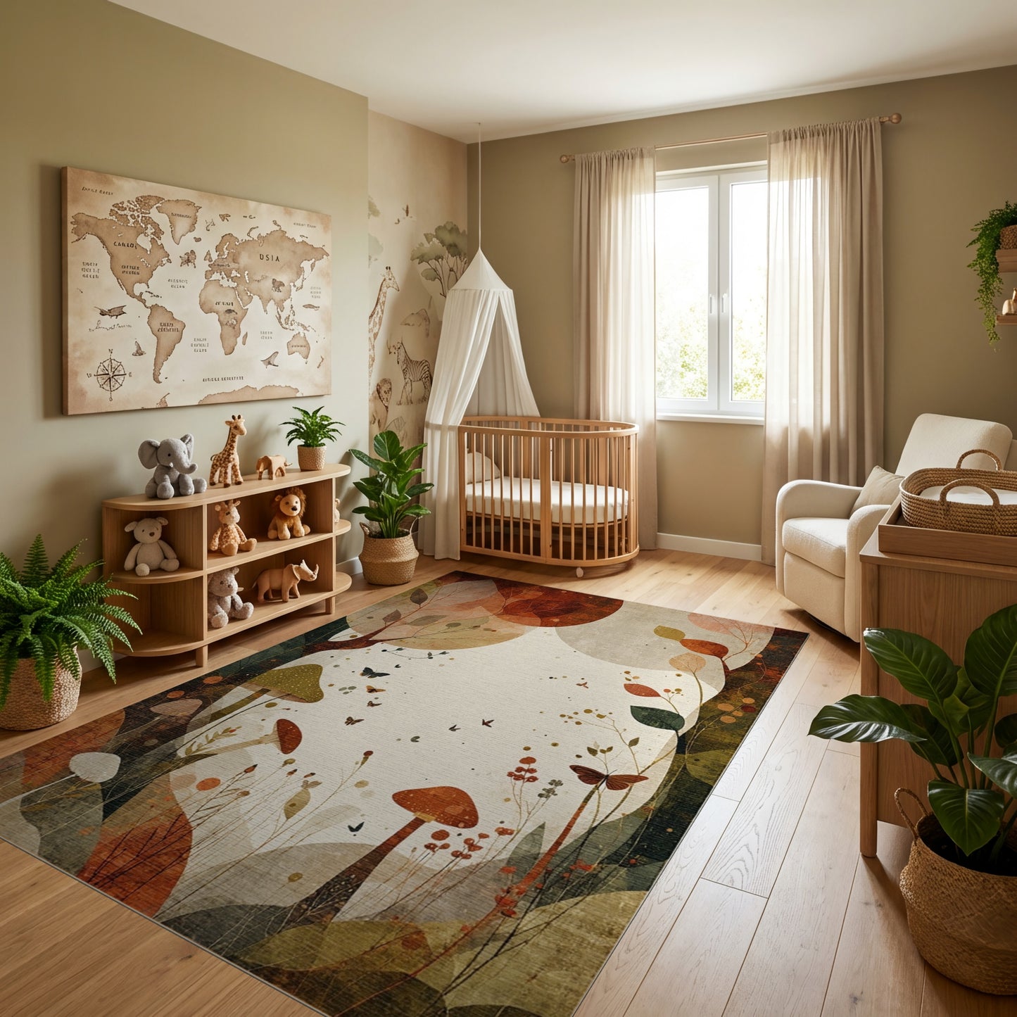 Autumn Whimsical Mushroom Leaves Butterflies Rug