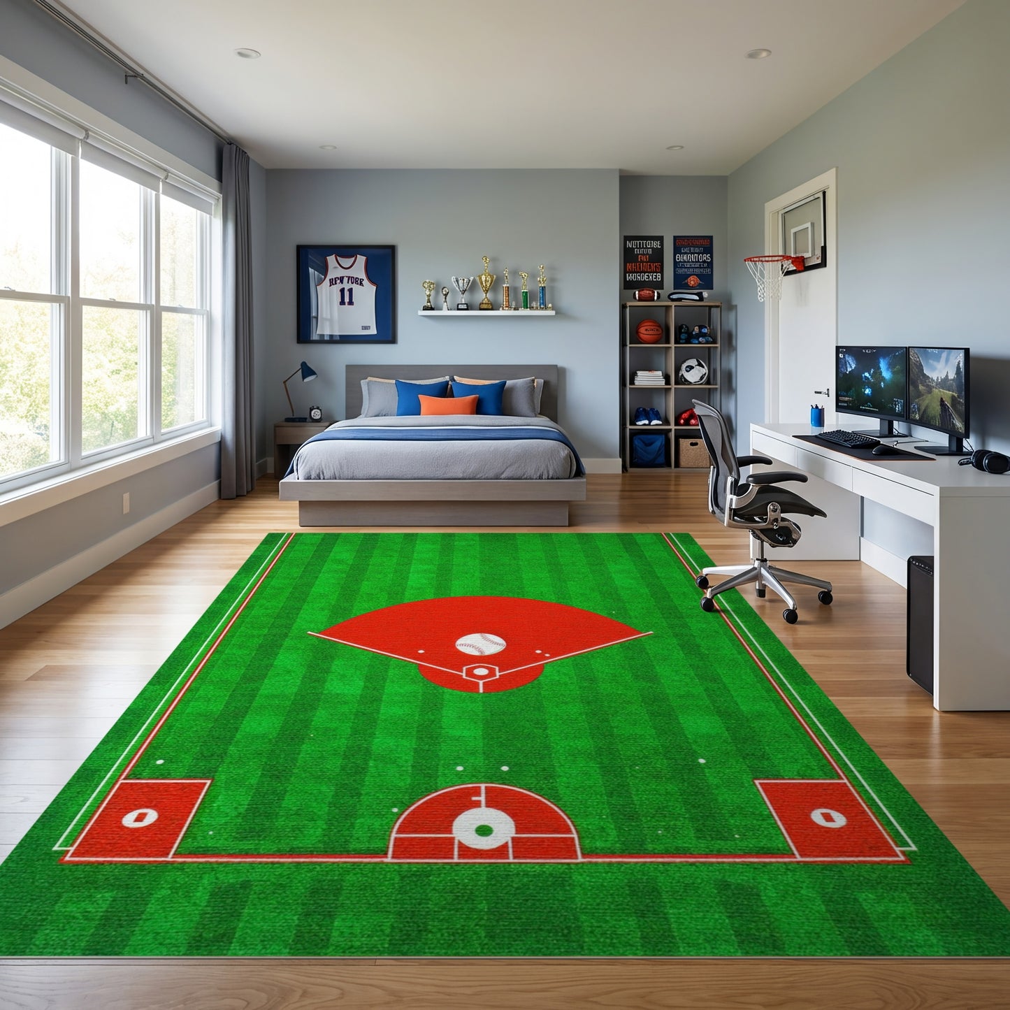 Green Striped Baseball Diamond Field Rug