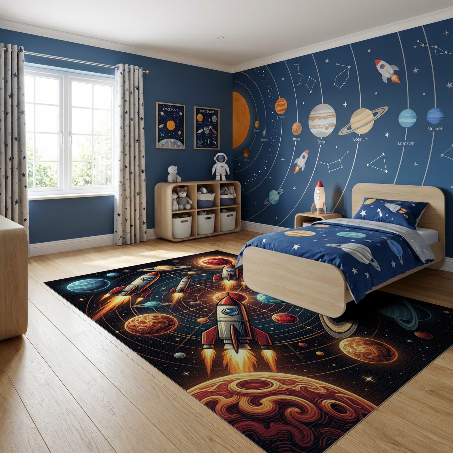 Vibrant Neon Rockets Planets Rug