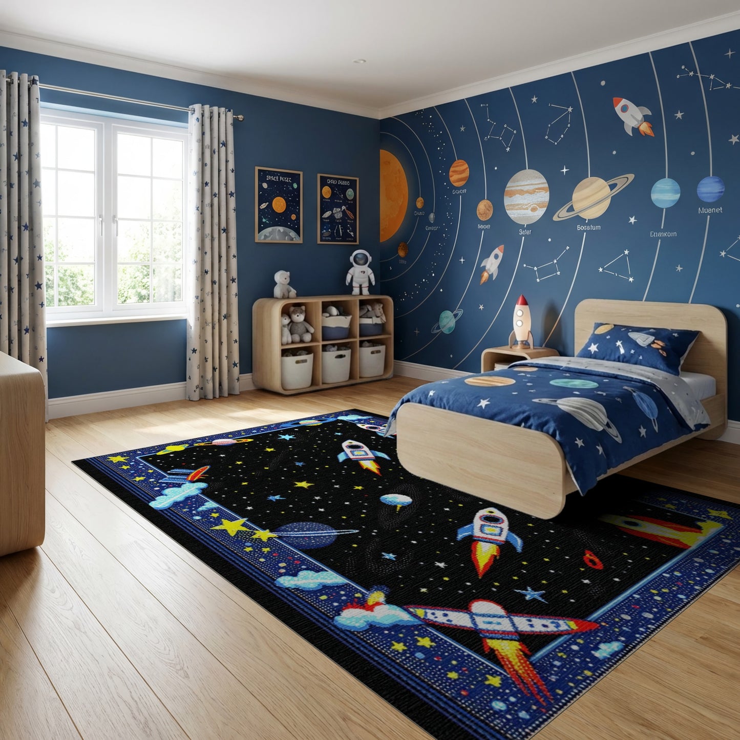 Whimsical Rockets Stars Planets Rug